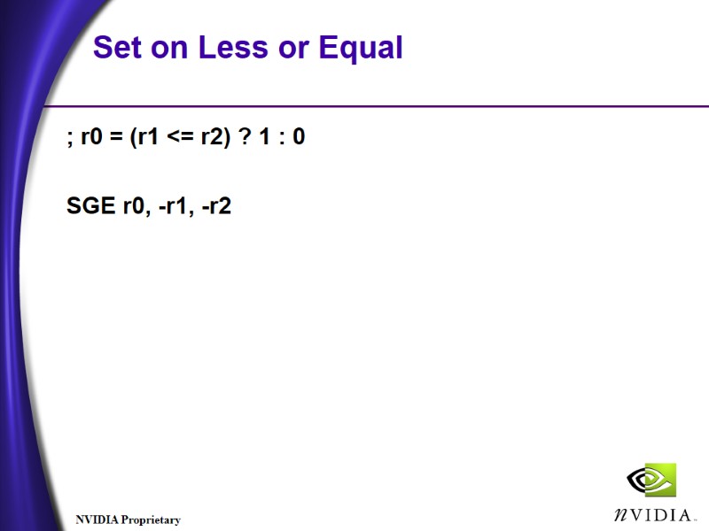 Set on Less or Equal ; r0 = (r1 <= r2) ? 1 : Set on Less or Equal ; r0 = (r1 <= r2) ? 1 :